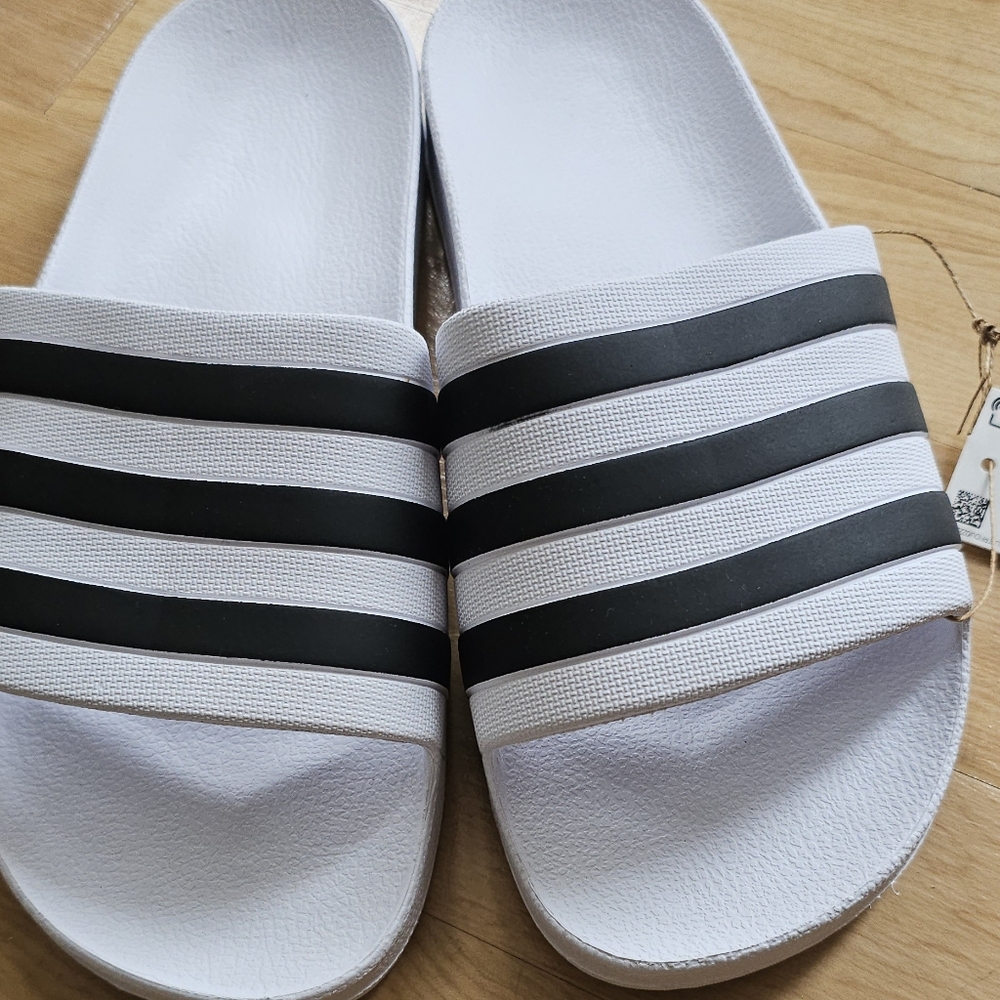 Adidas White and Black Slide Sandals. Size 8 men. Size 9 women